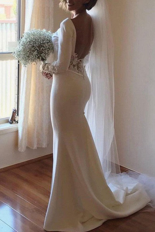 Lace Satin Long Sleevess Mermaid Scoop Court Train Wedding Dresses Lace Satin Long Sleevess Mermaid Scoop Court Train Wedding Dresses