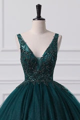 Lace-Up Sleeveless Sequins V-Neck Ball Gown Evening Dress-Ballbella