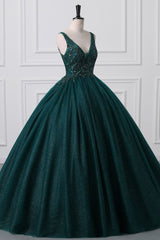 Lace-Up Sleeveless Sequins V-Neck Ball Gown Evening Dress-Ballbella