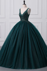 Lace-Up Sleeveless Sequins V-Neck Ball Gown Evening Dress-Ballbella