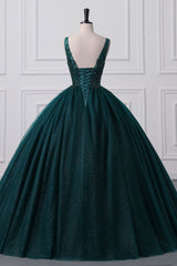 Lace-Up Sleeveless Sequins V-Neck Ball Gown Evening Dress-Ballbella