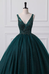 Lace-Up Sleeveless Sequins V-Neck Ball Gown Evening Dress-Ballbella
