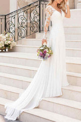 Lace Wedding Dresses Chiffon Chic V-Neck A-line Long Sleeve Lace Applique Beach Wedding Bridal Dress With Train Free Customization-Ballbella