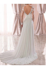 Lace Wedding Dresses Chiffon Chic V-Neck A-line Long Sleeve Lace Applique Beach Wedding Bridal Dress With Train Free Customization-Ballbella