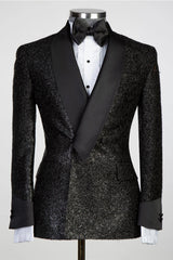 Lapel Sparkling Black Men's Suit with Ribbon Belt-Ballbella