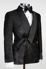 Lapel Sparkling Black Men's Suit with Ribbon Belt-Ballbella
