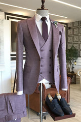 Latest Purple Small Plaid Peaked Lapel One Button Bespoke Men Suits For Proms-Ballbella