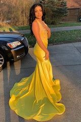 Latest V-neck Halter Appliques Brush Train Mermaid Prom Dresses-Ballbella