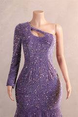 Lavender Purple One shoulder Long sleeves Keyhole sequin Prom Dresses-Ballbella