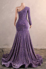 Lavender Purple One shoulder Long sleeves Keyhole sequin Prom Dresses-Ballbella