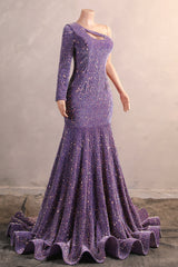 Lavender Purple One shoulder Long sleeves Keyhole sequin Prom Dresses-Ballbella
