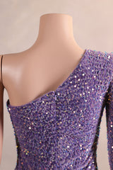Lavender Purple One shoulder Long sleeves Keyhole sequin Prom Dresses-Ballbella