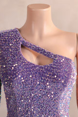 Lavender Purple One shoulder Long sleeves Keyhole sequin Prom Dresses-Ballbella