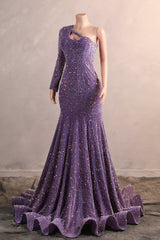 Lavender Purple One shoulder Long sleeves Keyhole sequin Prom Dresses-Ballbella