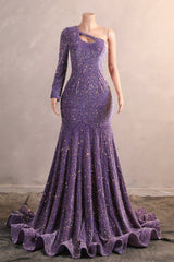 Lavender Purple One shoulder Long sleeves Keyhole sequin Prom Dresses-Ballbella