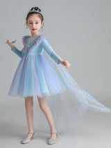 Light Blue Designed Neckline Polyester Sleeveless Short A-Line Polyester Cotton Tulle Sequins Kids Social Party Dresses-Ballbella