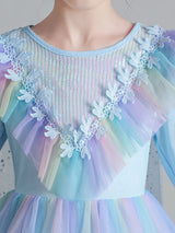 Light Blue Designed Neckline Polyester Sleeveless Short A-Line Polyester Cotton Tulle Sequins Kids Social Party Dresses-Ballbella