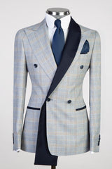 Light Blue Peaked Lapel Double-Breasted Plaid Prom Suit-Ballbella