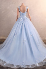 Light Blue Staps Lace Appliques Sleeveless Ball Gown Tulle Prom Dresses-Ballbella