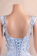 Light Blue Staps Lace Appliques Sleeveless Ball Gown Tulle Prom Dresses-Ballbella