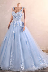 Light Blue Staps Lace Appliques Sleeveless Ball Gown Tulle Prom Dresses-Ballbella