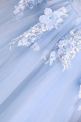 Light Blue Staps Lace Appliques Sleeveless Ball Gown Tulle Prom Dresses-Ballbella