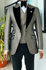 Light Champagne 3-Piece Black Velvet Lapel Men's Suit-Ballbella