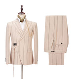 Light Champagne Designer Striped Peaked Lapel Men's Prom Suits-Ballbella
