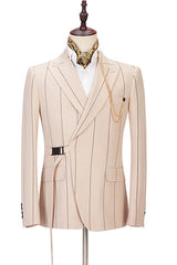 Light Champagne Designer Striped Peaked Lapel Men's Prom Suits-Ballbella
