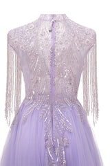 Lilac Long sleeves Overskirt A-line Evening Dresses-Ballbella