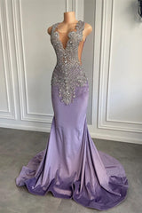 Lilac Mermaid Prom Dress with Scoop Neckline Sleeveless and Crystal Beadings-Ballbella