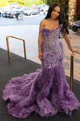 Lilac Modern One Shoulder Ruffles Front Slit Prom Dress-Ballbella