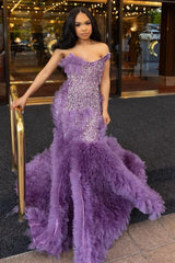 Lilac Modern One Shoulder Ruffles Front Slit Prom Dress-Ballbella