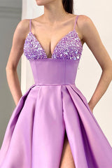 Lilac Spaghetti-Straps Sleeveless Prom Dress Split Long With Sequins-Ballbella