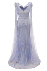 Lilac Tulle Beaded V-neck Mermaid Tulle Evening Dresses-Ballbella