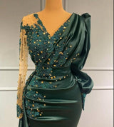 Long Dark Green Elegant Mermaid Prom Dress with Sleeves-Ballbella