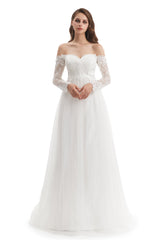 Long Mermaid Sweetheart Strapless Long Sleeve Open Back Appliques Lace Wedding Dress-Ballbella