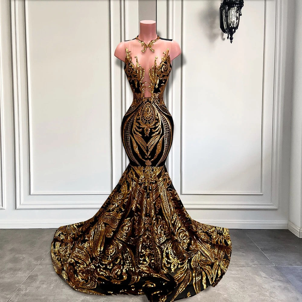Long Sleeveless Mermaid Prom Dress with Gold Sequins Long Sleeveless Mermaid Prom Dress with Gold Sequins