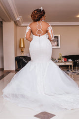 Long Sleeves Appliques Sheer Tulle Mermaid Lace Wedding Dresses Bridal Gowns-Ballbella