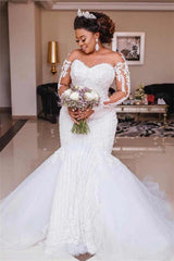 Long Sleeves Appliques Sheer Tulle Mermaid Lace Wedding Dresses Bridal Gowns-Ballbella