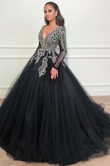 Long Sleeves Ball Gown Prom Dress Sequins Black V-Neck Long Tulle-Ballbella