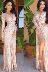 Long Sleeves Champagne Prom Dresses |Deep V-neck Sequins Chic Slit Evening Dress-Ballbella