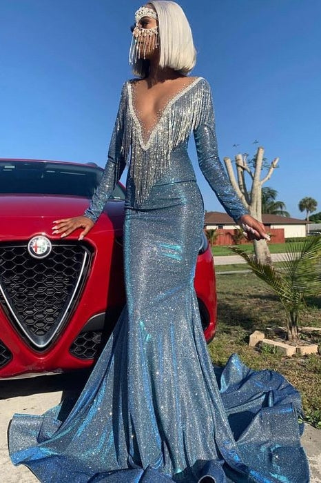 Long Sleeves Deep V-Neck Mermaid Prom Dress Sequins Royal Blue Red Long Long Sleeves Deep V-Neck Mermaid Prom Dress Sequins Royal Blue Red Long