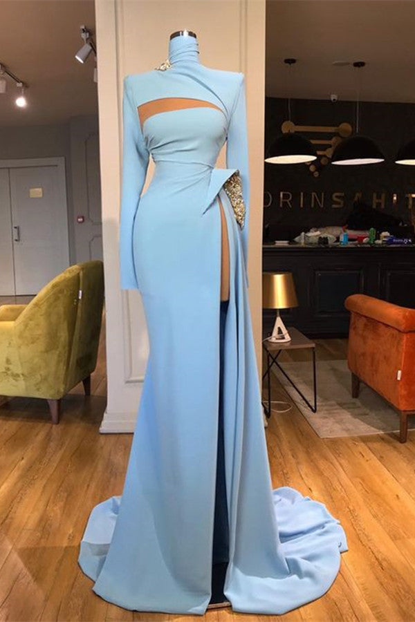 high neck formal dress with sleeves Long Sleeves High Neck Mermaid Prom Dress Long With Slit