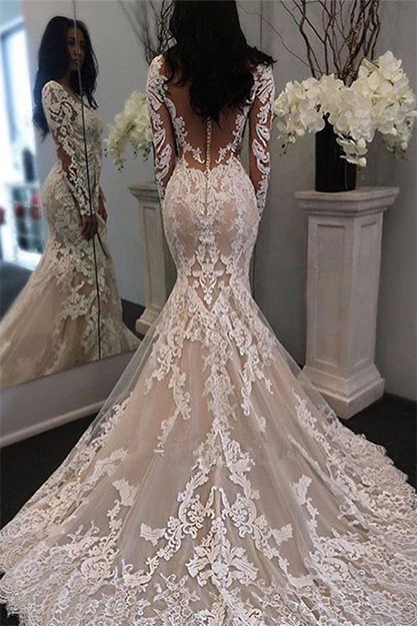 Long Sleeves Lace Mermaid Btidal Gowns AmazingRetro Sheer Tulle Wedding Dress Long Sleeves Lace Mermaid Btidal Gowns AmazingRetro Sheer Tulle Wedding Dress