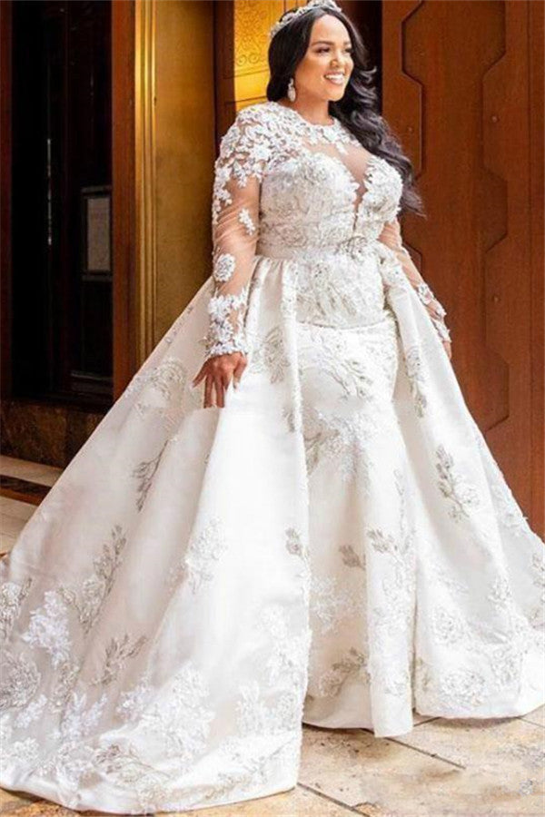 Long Sleeves Lace White Mermaid Bridal Gowns with Trendy Overskirt Long Sleeves Lace White Mermaid Bridal Gowns with Trendy Overskirt