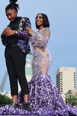 Long Sleeves Mermaid Evening Gowns Floral Pattern Sweep Train-Ballbella