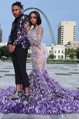 Long Sleeves Mermaid Evening Gowns Floral Pattern Sweep Train-Ballbella