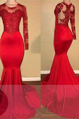 Long Sleeves Mermaid Lace Prom Dresses Red Sheer Tulle Evening Gown-Ballbella
