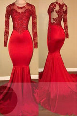 Long Sleeves Mermaid Lace Prom Dresses Red Sheer Tulle Evening Gown-Ballbella